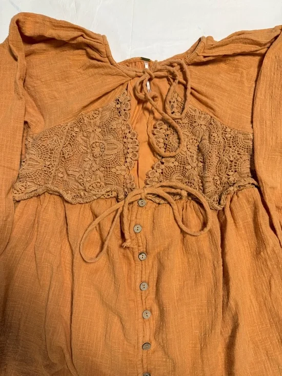 Free People Boho Lace Babydoll Tunic Top Rust Orange Size M - Picture 3 of 10